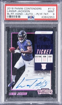 2018 Panini Contenders Playoff Ticket Blue Right Hand Autograph #112 Lamar Jackson Signed Rookie Card (#17/99) - PSA MINT 9